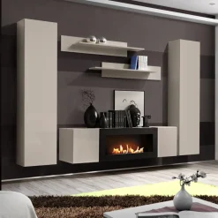Parete attrezzata sospesa 260x170h cm con biocamino beige cashmere Ignis 5 Gihome®