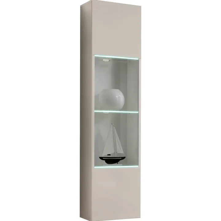 Parete attrezzata sospesa 260x170h cm con biocamino e vetrine beige cashmere Ignis 6 Gihome®