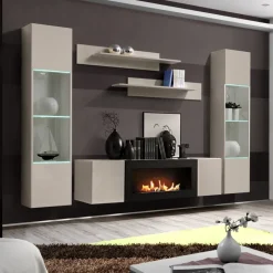 Parete attrezzata sospesa 260x170h cm con biocamino e vetrine beige cashmere Ignis 6 Gihome®