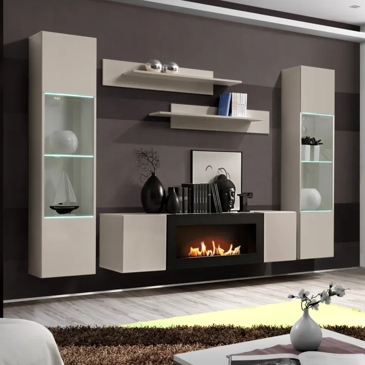 Parete attrezzata sospesa 260x170h cm con biocamino e vetrine beige cashmere Ignis 6 Gihome®