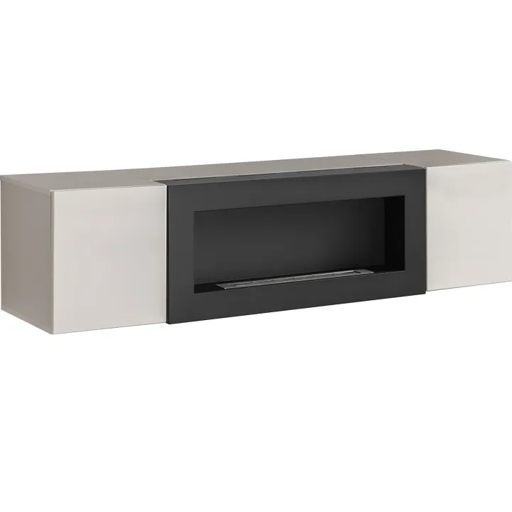 Parete attrezzata sospesa 260x170h cm con biocamino e vetrine beige cashmere Ignis 6 Gihome®