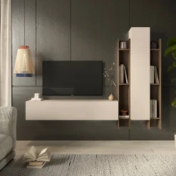 Parete attrezzata sospesa 205x185h cm moderna beige rovere scuro Sunset 96