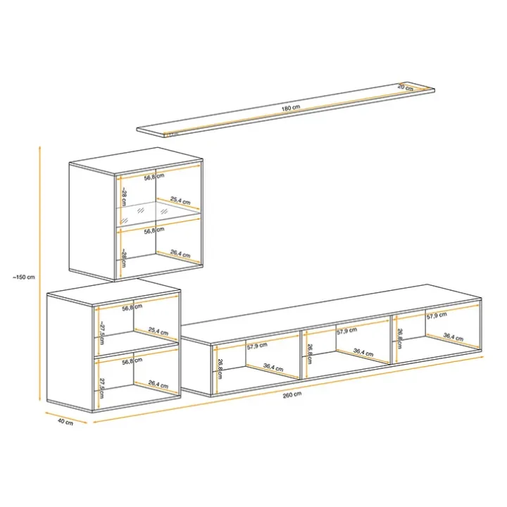 Parete attrezzata sospesa 250x150h cm moderna bianco nero lucido Geo 13