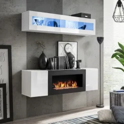 Parete attrezzata sospesa 160x150h cm con biocamino e vetrina bianco Ignis 4 Gihome®