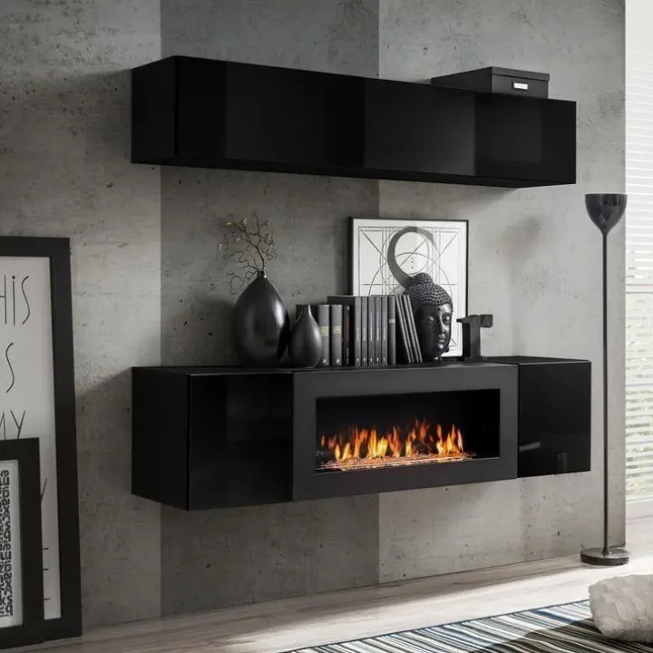 Parete attrezzata sospesa 160x150h cm con biocamino nero Ignis 2 Gihome®