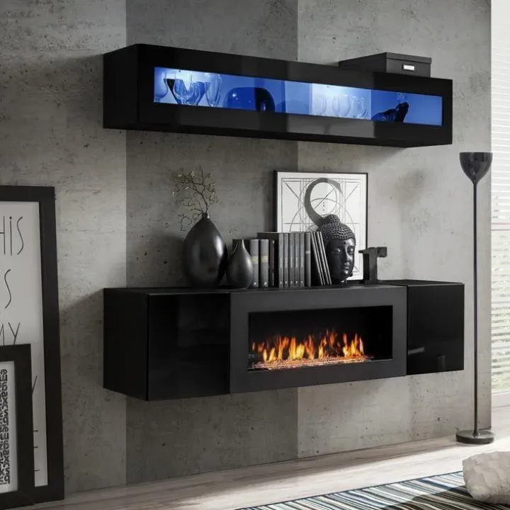 Parete attrezzata sospesa 160x150h cm con biocamino e vetrina nero Ignis 4 Gihome®