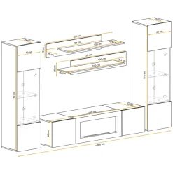 Parete attrezzata sospesa 260x170h cm con biocamino e vetrinette nero Ignis 6 Gihome®