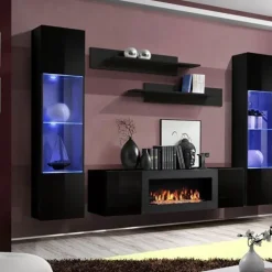 Parete attrezzata sospesa 260x170h cm con biocamino e vetrinette nero Ignis 6 Gihome®