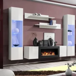 Parete attrezzata sospesa 260x170h cm con biocamino e vetrinette bianco Ignis 6 Gihome®