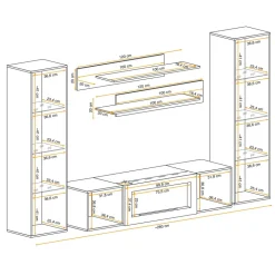 Parete attrezzata sospesa 260x170h cm con biocamino e vetrinette bianco Ignis 6 Gihome®