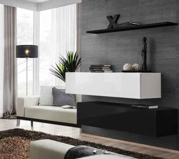 Parete attrezzata sospesa 130x110h cm moderna bianco nero Geo 19