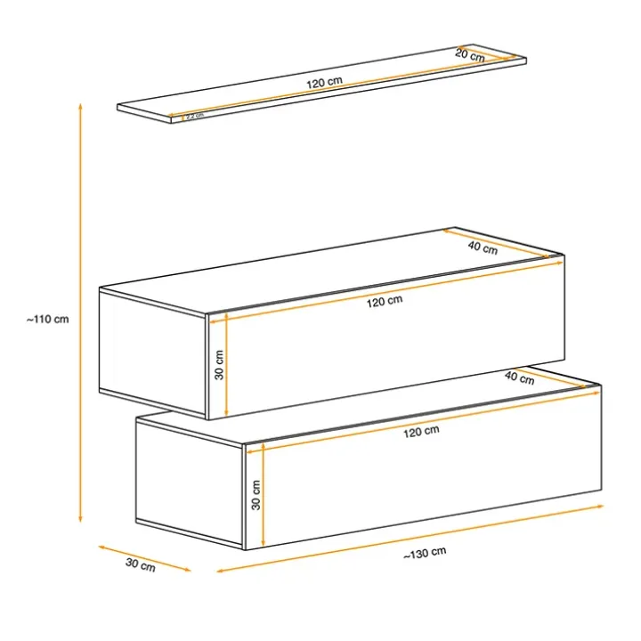 Parete attrezzata sospesa 130x110h cm moderna bianco nero Geo 19