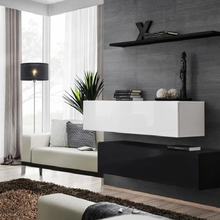 Parete attrezzata sospesa 130x110h cm moderna bianco nero Geo 19