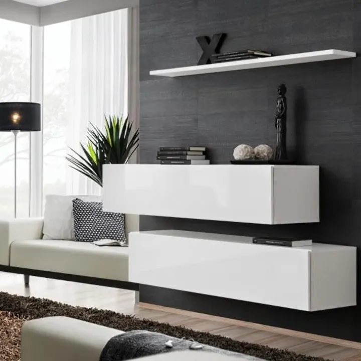 Parete attrezzata sospesa 130x110h cm bianco opaco lucido Geo 19