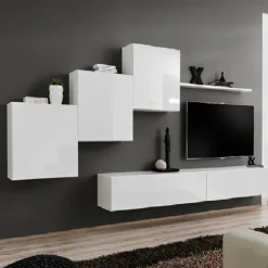 Parete attrezzata sospesa 260x170h cm moderna bianco opaco lucido Geo 08