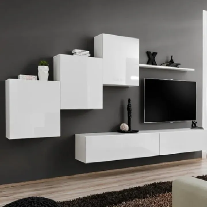 Parete attrezzata sospesa 260x170h cm moderna bianco opaco lucido Geo 08