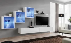 Parete attrezzata sospesa 330x160h cm moderna bianco opaco e lucido Geo 17