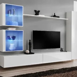 Parete attrezzata sospesa 270x200h cm sospesa moderna bianco opaco e lucido Geo 16