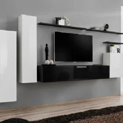 Parete attrezzata sospesa 330x160h cm moderna nero bianco Geo 01