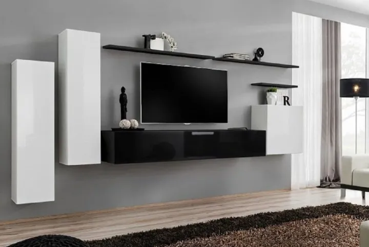 Parete attrezzata sospesa 330x160h cm moderna nero bianco Geo 01