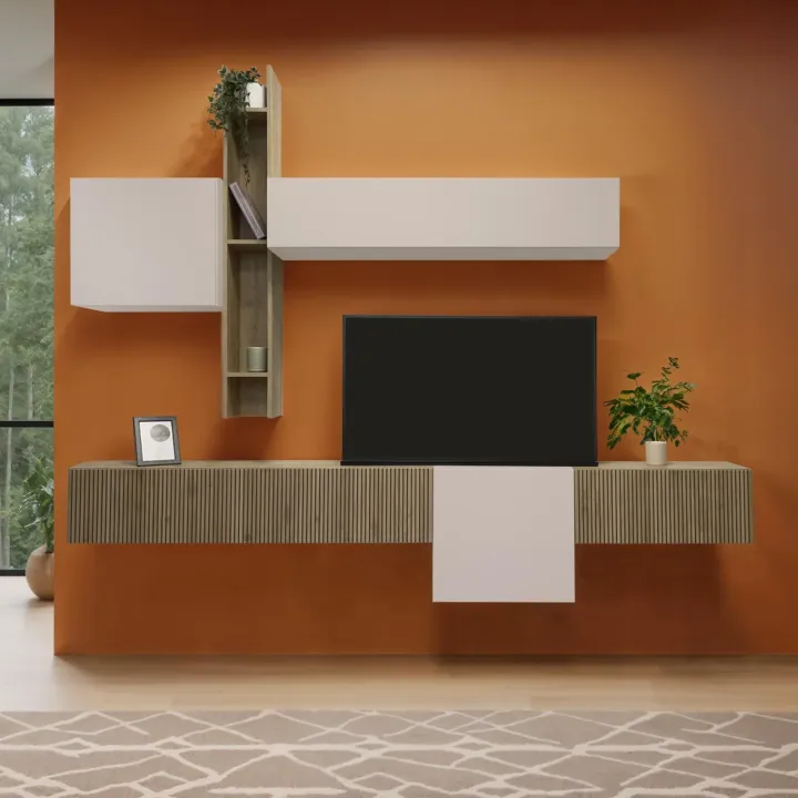 Parete attrezzata sospesa 262x220h cm cannettata beige cashmere rovere chiaro Sunset Decor 1034