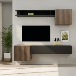 Parete attrezzata sospesa 193x188h cm cannettata ossido nero rovere scuro Sunset Decor 1038