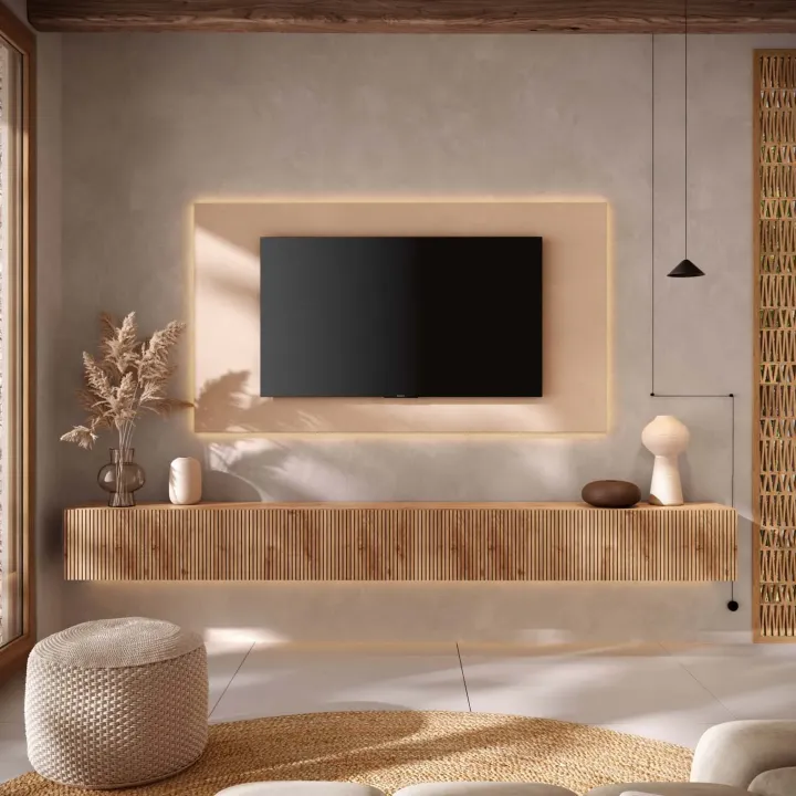 Parete attrezzata sospesa 276x190h cm beige rovere chiaro Sunset Decor 1039