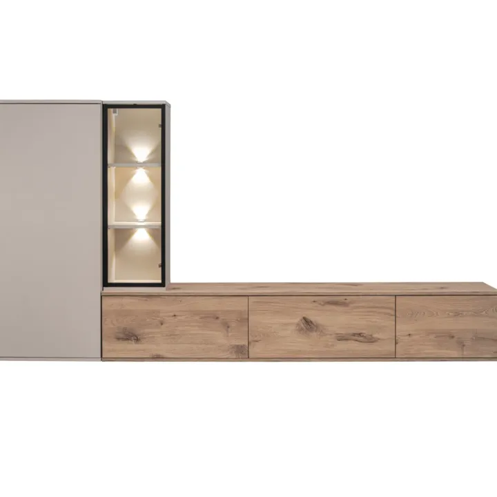 Parete attrezzata sospesa 240x125h cm moderna beige cashmere rovere Nuvia
