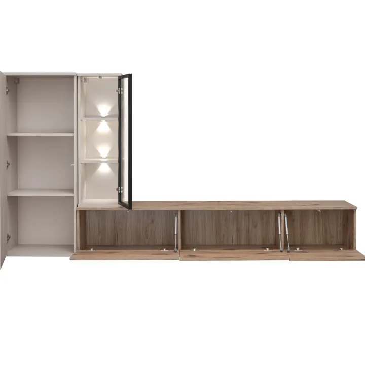 Parete attrezzata sospesa 240x125h cm moderna beige cashmere rovere Nuvia