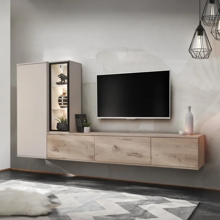 Parete attrezzata sospesa 240x125h cm moderna beige cashmere rovere Nuvia