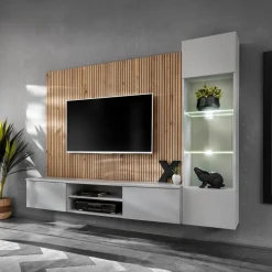 Parete attrezzata sospesa 200x150h cm pannello effetto cannettato grigio perla rovere Luvox