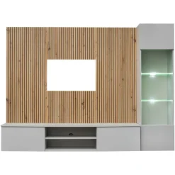 Parete attrezzata sospesa 200x150h cm pannello effetto cannettato grigio perla rovere Luvox