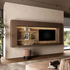 Parete attrezzata sospesa 334x180h cm con pannello cannettato marrone rovere chiaro Sunset Decor 1041