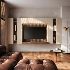 Parete attrezzata sospesa 292x180h cm con pannello cannettato beige rovere scuro Sunset Decor 1042