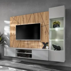 Parete attrezzata sospesa 200x150h cm pannello effetto geometrico grigio perla rovere Luvox