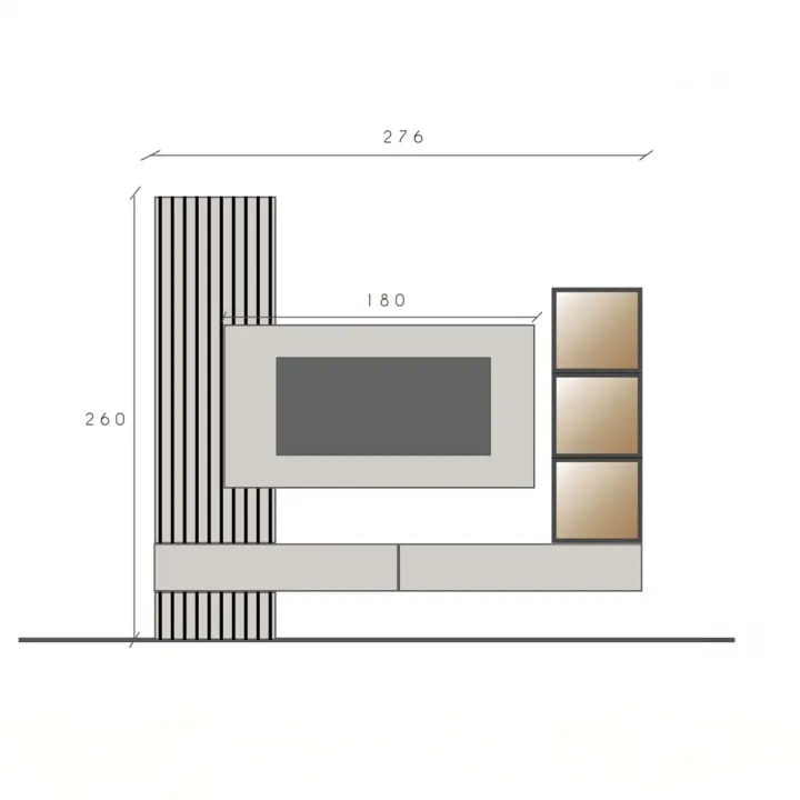 Parete attrezzata sospesa 276x260h cm con pannello cannettato marrone beige rovere chiaro Sunset Decor 1045
