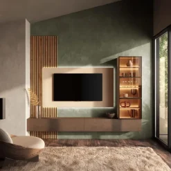 Parete attrezzata sospesa 276x260h cm con pannello cannettato marrone beige rovere chiaro Sunset Decor 1045