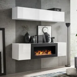 Parete attrezzata sospesa 160x150h cm con biocamino bianco Ignis 2 Gihome®