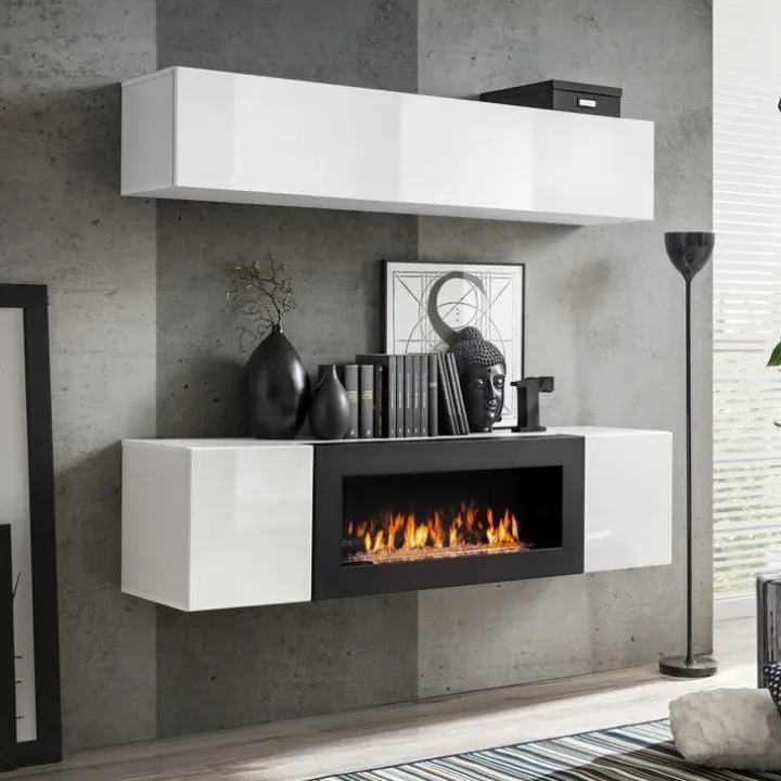 Parete attrezzata sospesa 160x150h cm con biocamino bianco Ignis 2 Gihome®