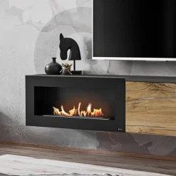 Parete attrezzata sospesa 180x150h cm con caminetto bioetanolo rovere antico antracite Botticelli
