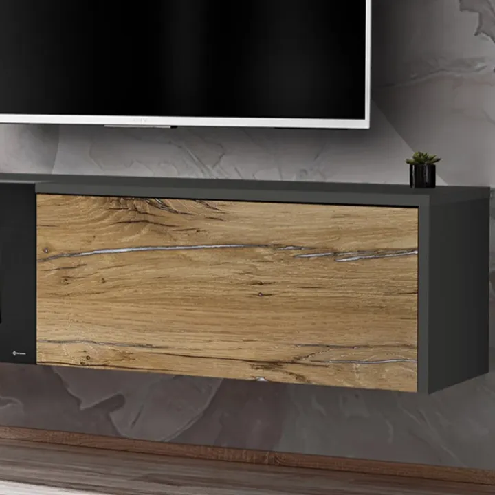 Parete attrezzata sospesa 180x150h cm con caminetto bioetanolo rovere antico antracite Botticelli