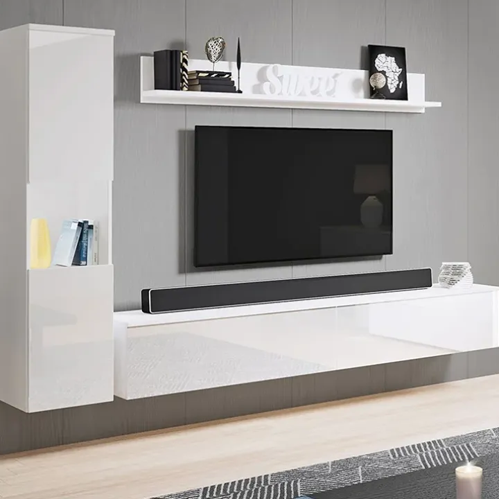 Parete attrezzata sospesa 210x130h cm bianco lucido Lamia