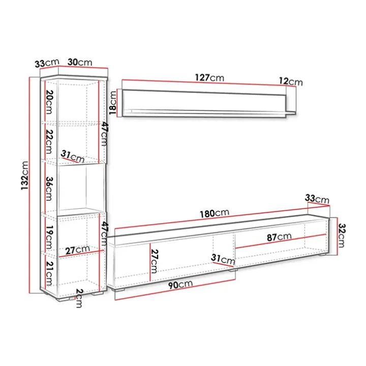 Parete attrezzata sospesa 210x130h cm bianco lucido Lamia
