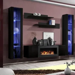 Parete attrezzata sospesa 260x170h cm con biocamino e vetrine nero Ignis 7 Gihome®