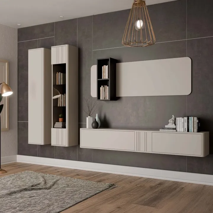 Parete attrezzata sospesa 272x200h cm moderna beige cashmere Bellagio 1