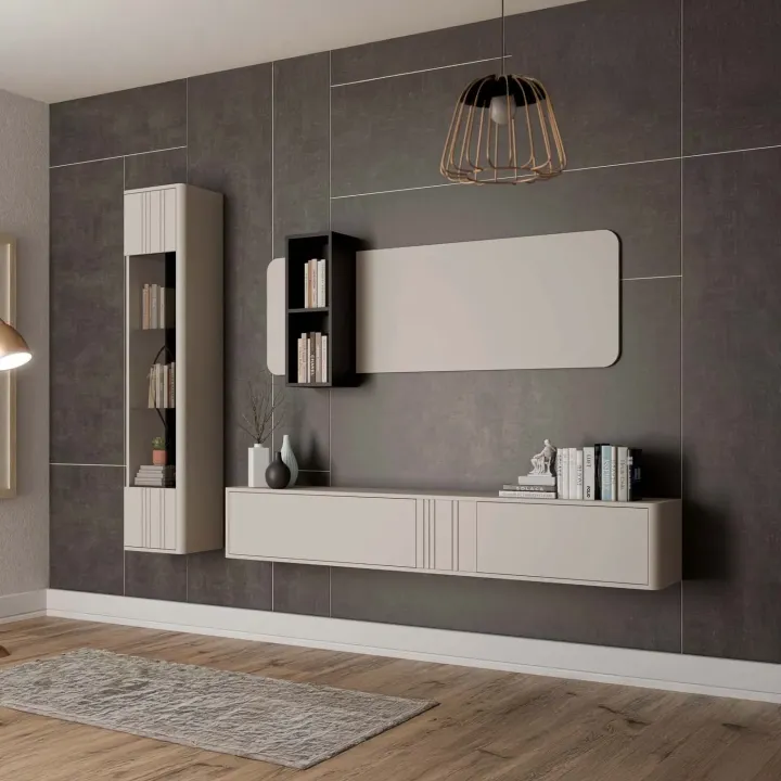 Parete attrezzata sospesa 216x200h cm moderna beige cashmere Bellagio 2