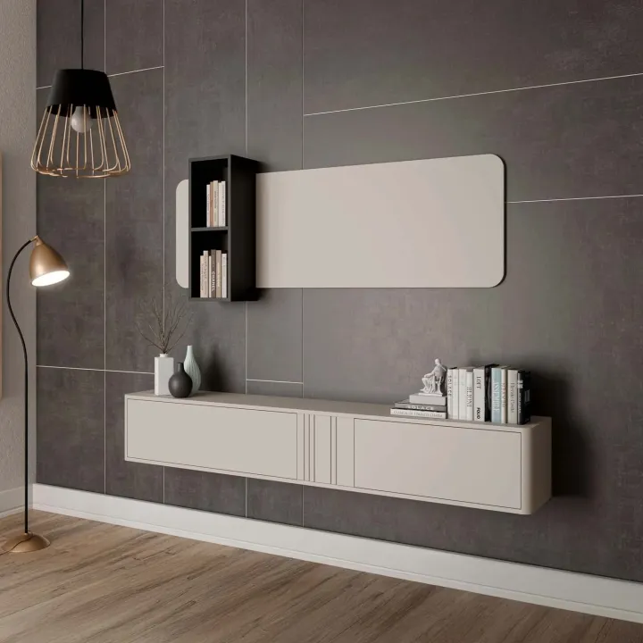Parete attrezzata sospesa 190x130h cm moderna beige cashmere Bellagio 6