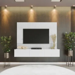 Parete attrezzata sospesa 180x150h cm 3 ante bianco cannettato effetto marmo Ilaria
