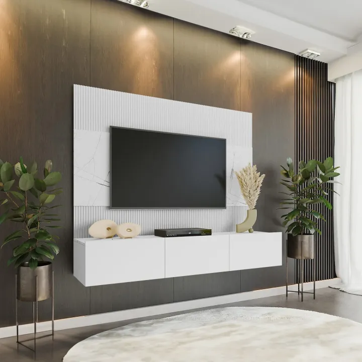 Parete attrezzata sospesa 180x150h cm 3 ante bianco cannettato effetto marmo Ilaria