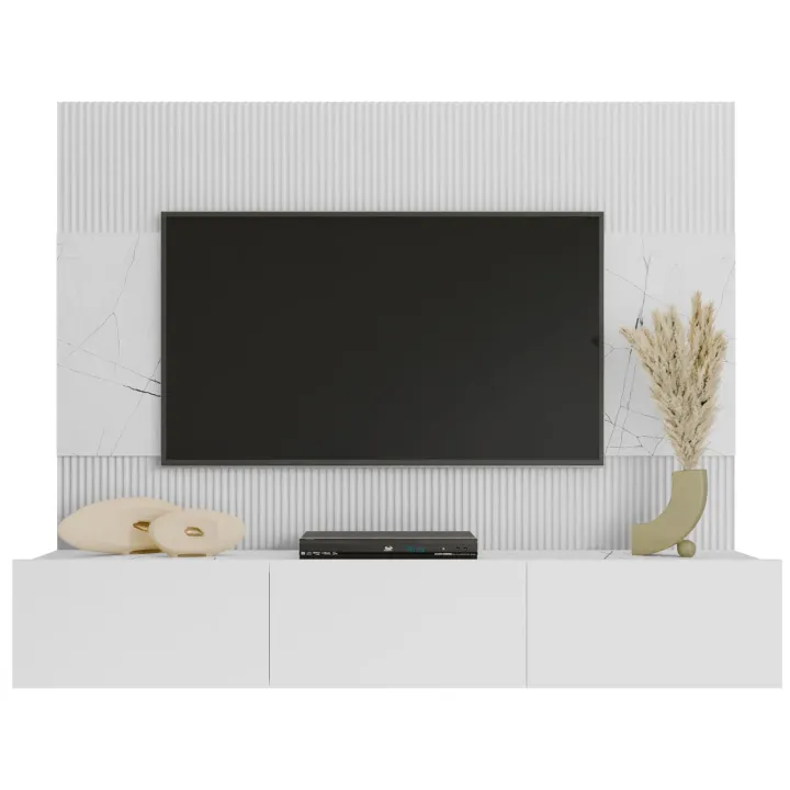 Parete attrezzata sospesa 180x150h cm 3 ante bianco cannettato effetto marmo Ilaria